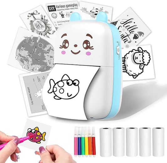 Mini Sticker Printer, Inkless Sticker printer with 5 Rolls Pape, Bluetooth Smart Pocket Printer Compatible with iOS & Android, Portable Thermal Printer for PicturesRetro-Style PhotosReceiptsNotes