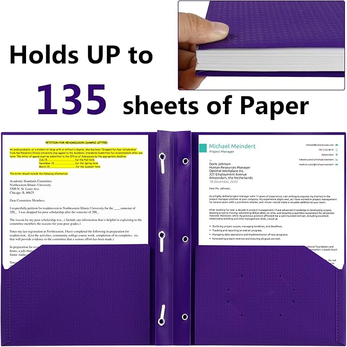 ViVin Sturdy Plastic Folder with Pockets, 10 Pack, 2 Pocket Folders with Prongs, Fits Letter Size Paper, 3 Prong Folders with Pockets, for School Office and Home - Purple