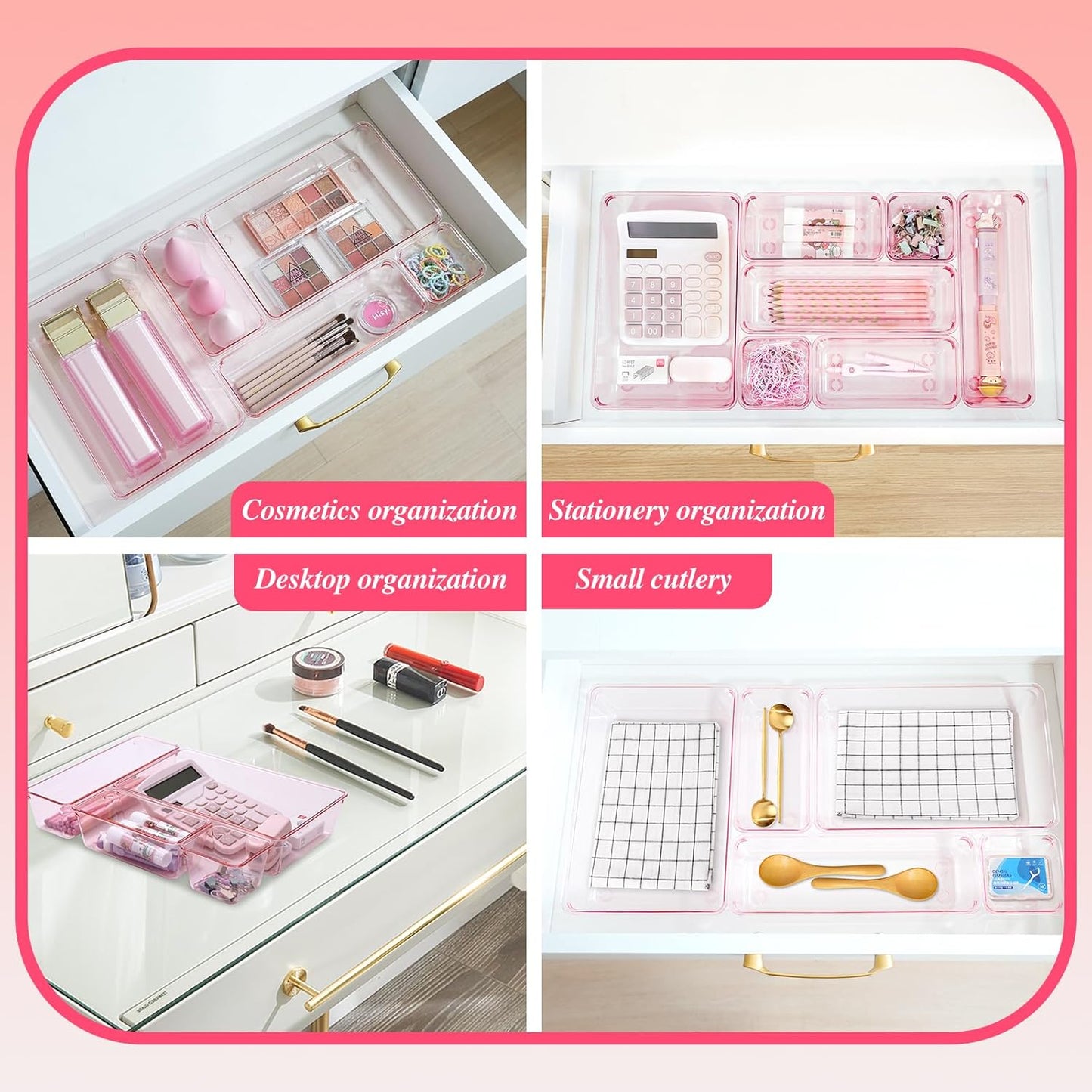 Kitchen Desk Drawer Organizers Storage for Office, Small Acrylic Vanity Trays Makeup Organizer for Drawer Bathroom Plastic Make up Organizers 25 Pcs Pink