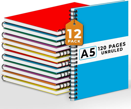 Blank Spiral Notebook, 12 Pack, 5.8 x 8.3, 120 Pages (60 Sheets), 100 GSM Unlined Drawing Notebooks, Assorted A5 Journals, No-Bleed, Sketching, Note Taking, Blank Journals for Office & School