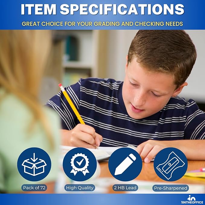 1InTheOffice Pre Sharpened Pencils #2, Pencils with Eraser, 2 HB, Wood-Cased, Black Lead, Yellow Barrel (72)