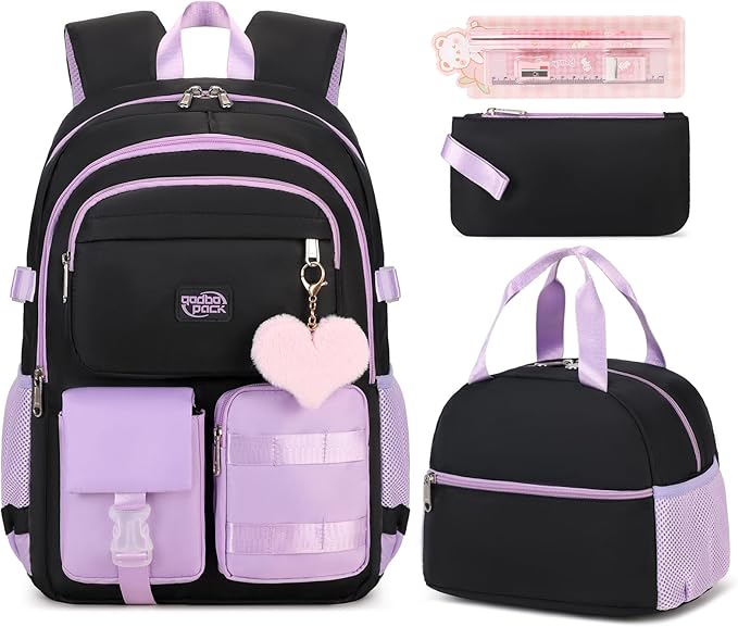 3PCS Student Backpack For School Women College Middle High Teen Girls Bookbag Waterproof Laptop Bag Black Purple