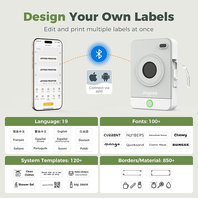 Joysea Portable Label Maker Machine with Tape, Bluetooth Thermal Sticker Maker for Home Kitchen & Office, Gray