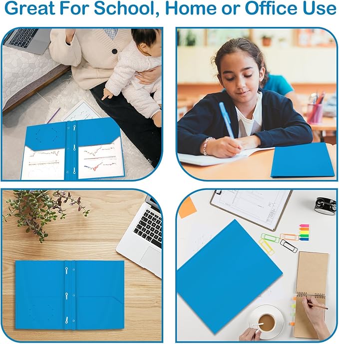 Heavy Duty Plastic Folder, 60 Pack, Pocket Folder with brads, Letter Size Poly File, Plastic Folders with 3 Prongs Fasteners - Sky Blue