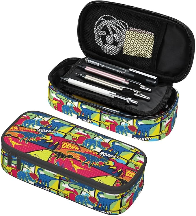 Cartoon Dinosaur Large Pencil Case With Zipper Compartments Stationery Pencil Bag For Kids Teens Students School Supplies