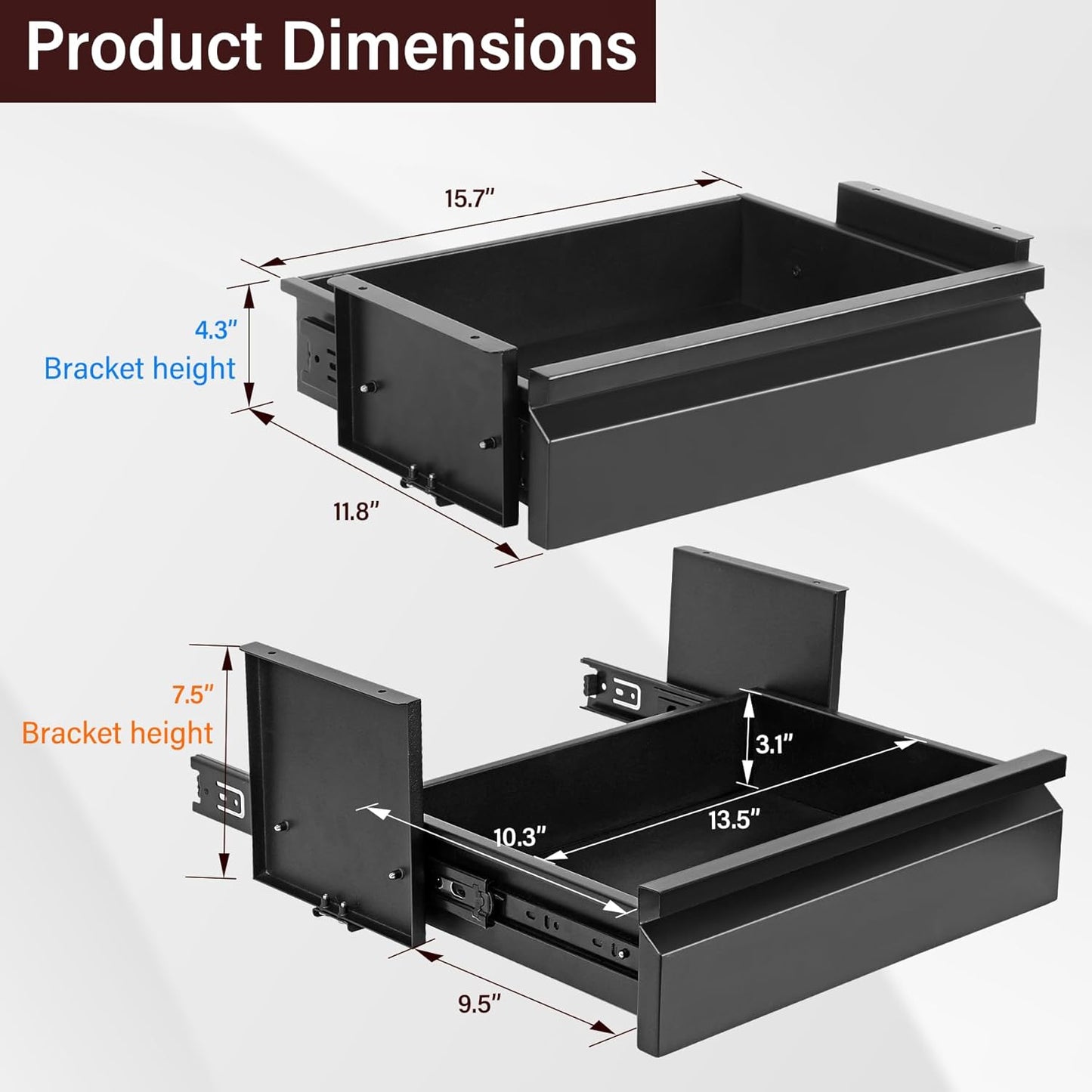 Under Desk Drawer 15.7" x 11.8" x 4.3", Under Desk Pull Out Drawer 4.3” & 7.5” Optional Bracket Height, Storage Organizer for Workbench with Drawers