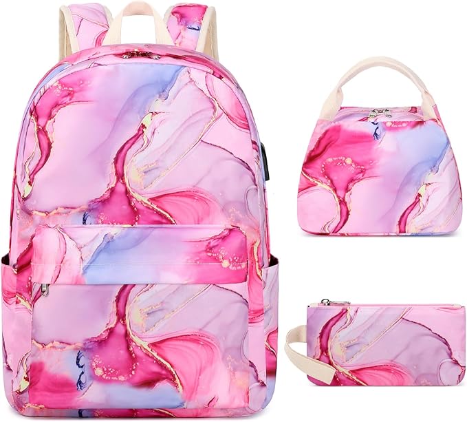 Teen Girls School Backpack Kids Bookbag Set with Lunch Box Pencil Case Travel Laptop Backpack Casual Daypacks, Large, Pink-marble