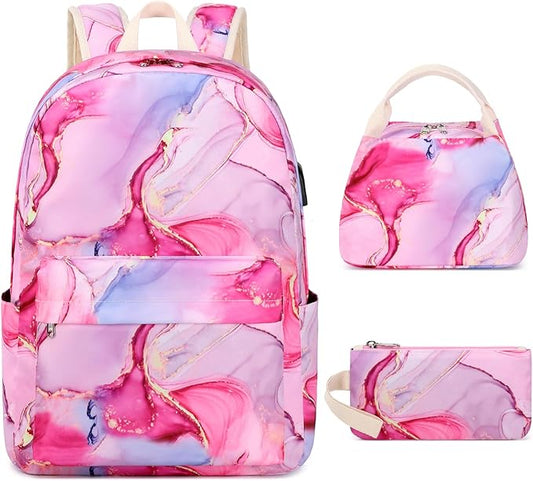 Teen Girls School Backpack Kids Bookbag Set with Lunch Box Pencil Case Travel Laptop Backpack Casual Daypacks, Large, Pink-marble