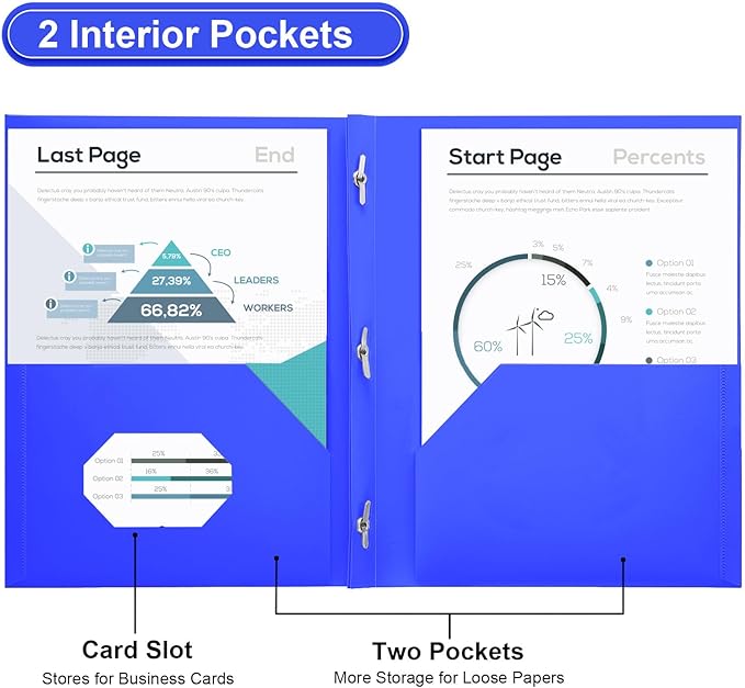 SUIN Plastic Project-Folders with 2 Pockets & 3 Prong, Bulk Pack Project File-Folder for US Letter Size Papers, Ideal for School & Office, Assorted Pastel Colors (Blue)