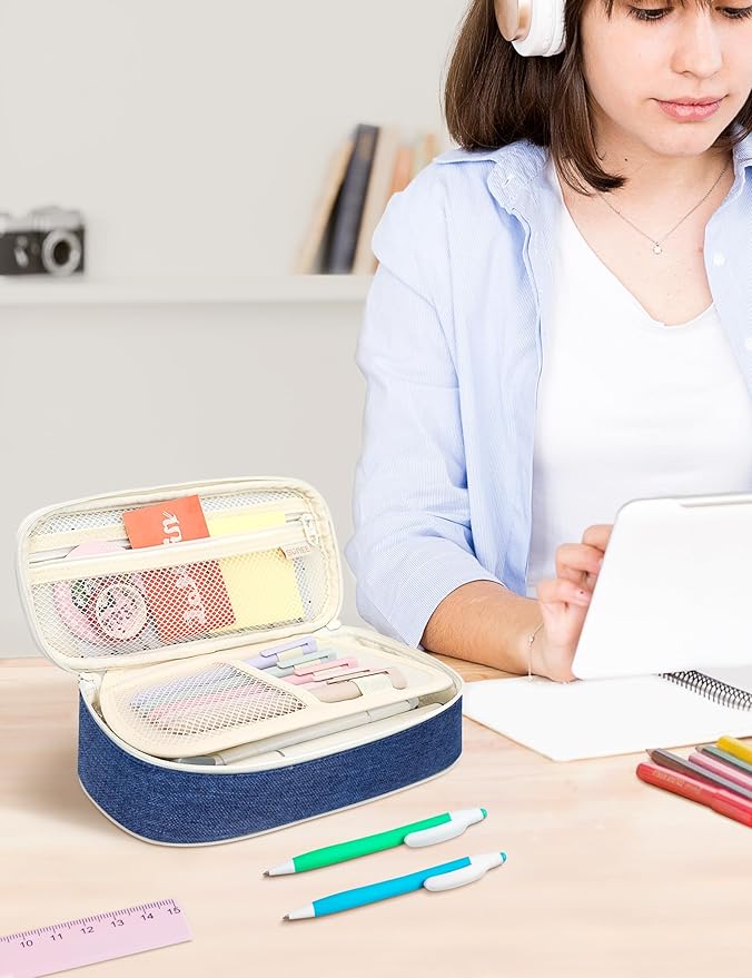 SUNEE Cute Pencil Case, Aesthetic Pen Pouch, Colored Large Pencil Bag with Zipper, Kawaii Stationery Storage and Organizer, School Supplies for Teen and Adult Girls, Navy Blue