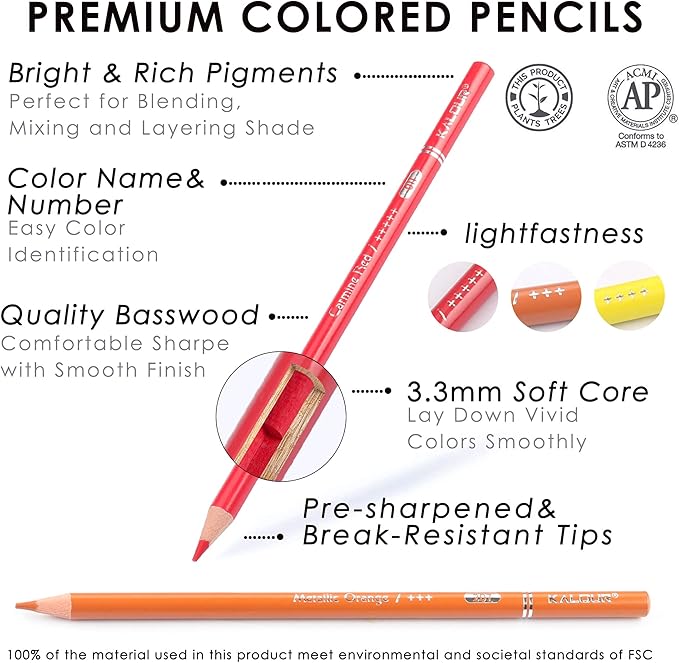 KALOUR Premium Colored Pencils,Set of 72 Colors,Artists Soft Core with Vibrant Color,Include 7 Metallic Color Pencils,Ideal for Drawing Sketching Shading,Coloring Pencils for Adults Beginners