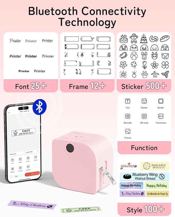 Phomemo Label Maker Machine with Tape, P12 Portable Bluetooth Label Maker Thermal Mini Label Printer with Multiple Templates for Home, Office, Kitchen, Storage, Organizing, Pink