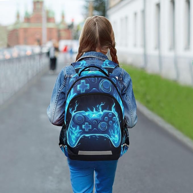 Joystick Video Game Blue Flame Backpack for Boys Girls Elementary School Bag Kids Bookbag Travel Rucksack