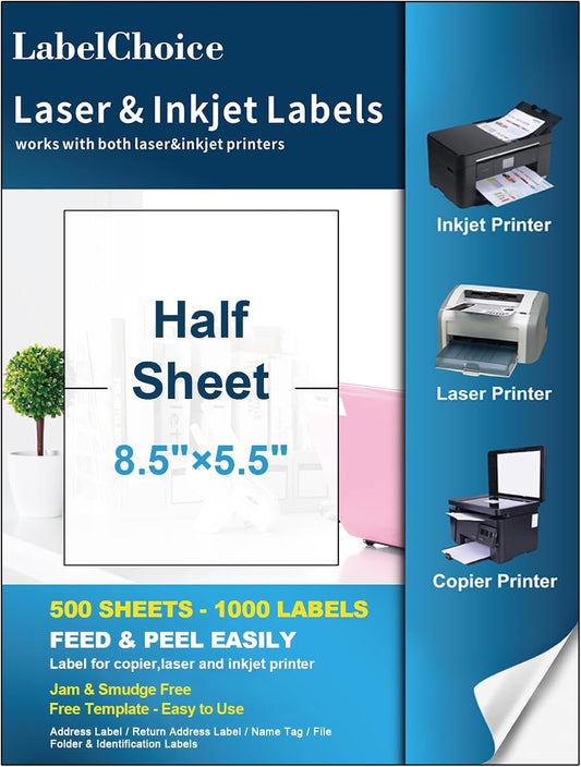 500 Sheets 1000 Labels Half Sheet Self Adhesive Shipping Labels for Laser & Inkjet Printers, 8.5" x 5.5" Shipping Mailing Labels, 2 per Page Shipping Labels,5 1/2 x 8 1/2 Half Sheet Labels