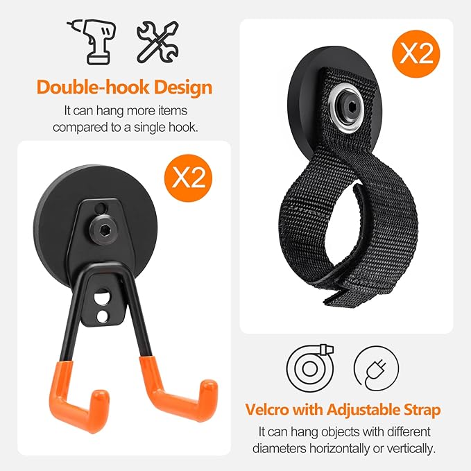 Homde Heavy Duty Magnetic Hook, 2 Velcro Strap and 2 Magnet Holder Combine, 2.6 inch Strong Utility Garage Hanger for Workshop,Toolbox, Storage (2 Black + 2 Orange)