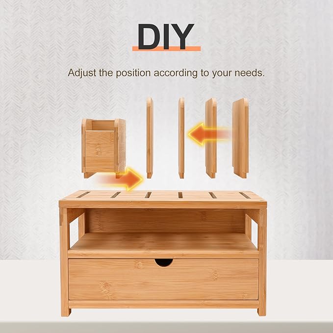 Homde Bamboo Desk Organizer with Drawer and File Holder, Office Organization for Desks with Adjustable Pen Holding, Desktop Letter Paper Tray Storage for Workplace Home School (Natural, M)