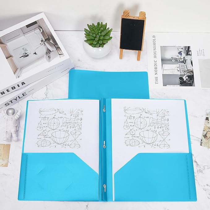 Lincia 100 Pcs Plastic Folders with Pockets and Prong Folders with Prongs Plastic Folders with 2 Pockets Pocket Folders for Office, School for Students, Teachers, Office Workers (Light Blue)