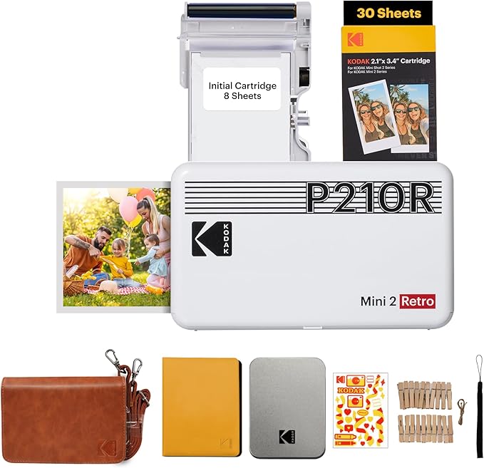 KODAK Mini 2 Retro 4PASS Portable Photo Printer (2.1x3.4 inches) Initial 8 Sheets + 30 Sheets + Gift Bundle, White