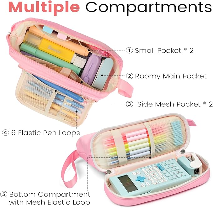 Sooez Big Pencil Case, Extra Large Pencils Pouch, Wide Opening Pen Bag Box with 6 Compartments, Store 200 Pens, Zipper Stationery Organizer, Cute Aesthetic School Supplies for Teen Girls Boys Women