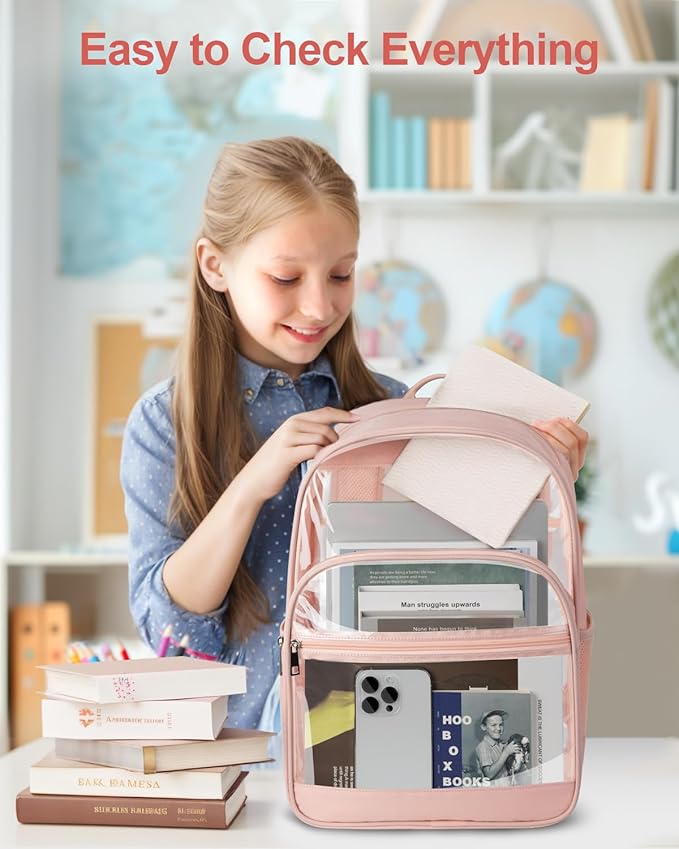 Clear Backpack, Heavy Duty Transparent Bookbag for School, Fabric & PVC Transparent Backpack with Reinforced Strap for Women Men, Capacity Clear Bag for College, Travel, Security, Pink