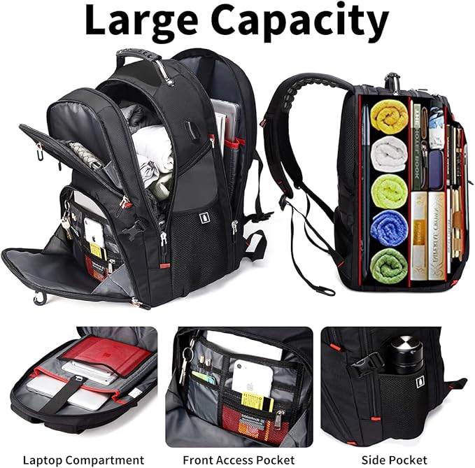 SHRRADOO Extra Large 50L Travel Laptop Backpack with USB Charging Port, College High School Backpack Airline Approved Business Work Bag Fits 17 Inch Computer for Men Women