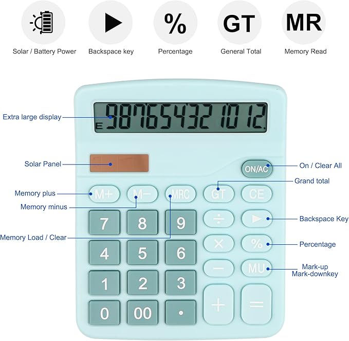 Desk Calculator, Envysun 12-Digit LCD Display Office Calculator – Dual Power, Compact and Lightweight, Easy-to-Read Display, Durable for Business, School, and Home (Light Blue)