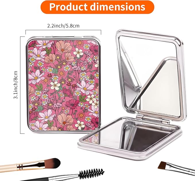 Compact Pocket Mirror, Cute Travel Mini Mirror with Magnification, Foldable Double-Sided Portable Cosmetic Mirror for Men, Women Pink Cute Flower