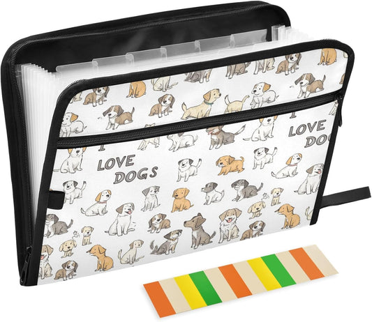 Gredecor Adorable Dogs and Bone Expanding File Folder 13 Pockets Puppy Aniamals Expandable Filing Folders Accordion Document Files Organizer for A4 Letter Size Paper