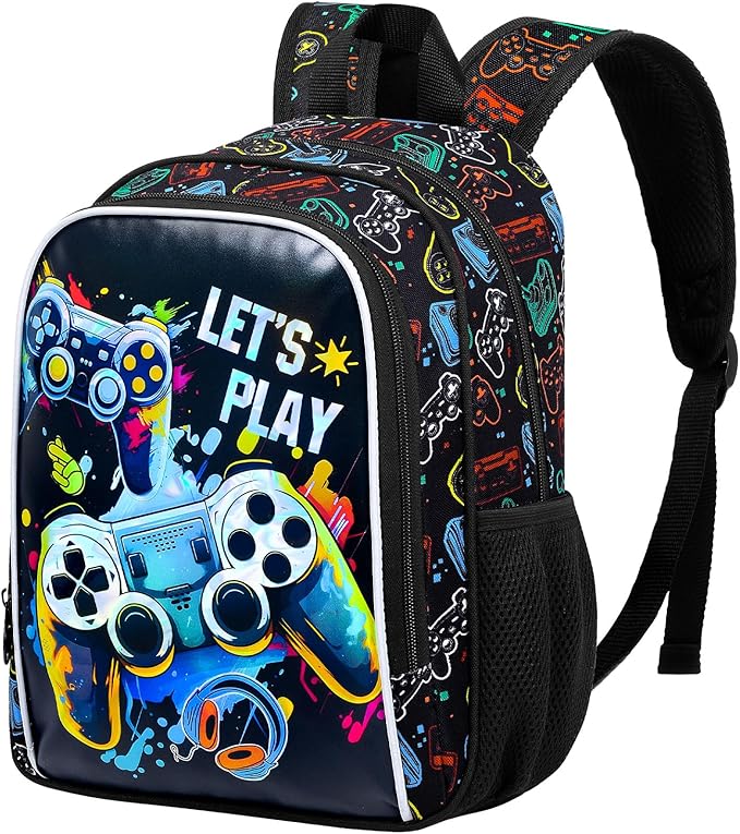 KLFVB Boys Toddler Game Backpack, Water Resistant Kindergarten Bookbag, 13" Preschool Backpacks for Toddler - Game Black