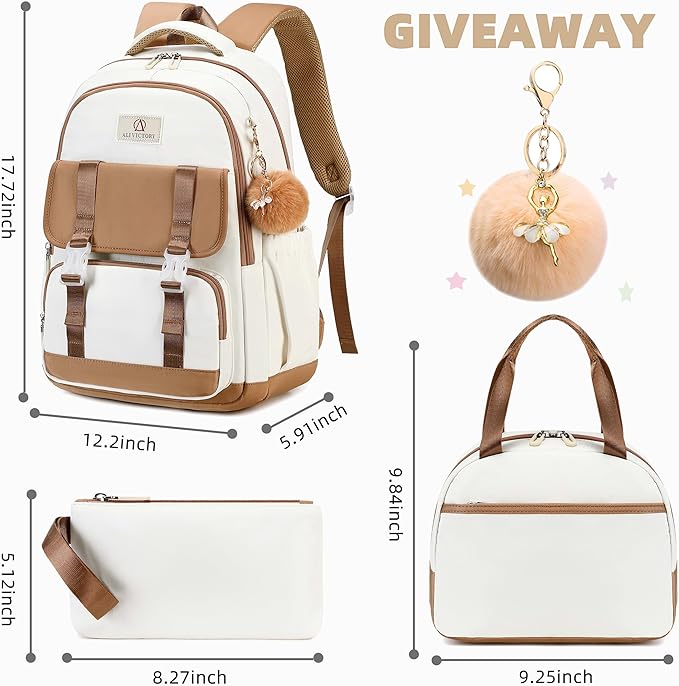 AO ALI VICTORY School Backpack for Girls Women 15.6 Inch Laptop Backpacks College Bookbag Cute Kids Elementary Middle High School Bag with Lunch Box Set for Teens Students Travel Daypack, Brown Set