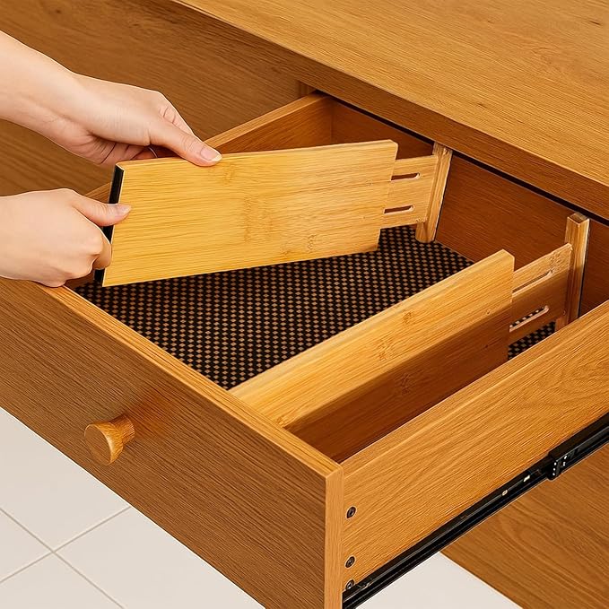 Adjustable Bamboo Drawer Dividers 6 Pack, Expandable Drawer Organizer for Kitchen, Bedroom, Bathroom, Dresser and Office, Each Divider Expands from 12" to 17.5" with – Free Mat Included in Package.