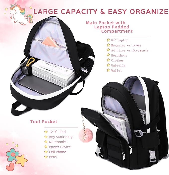 Girls Backpack,15.6 Inch Laptop School Bag Large Primary Elementary Middle College Bookbags Kids Backpacks for Teens Girls Women Students Anti Theft Travel Daypack (Black)