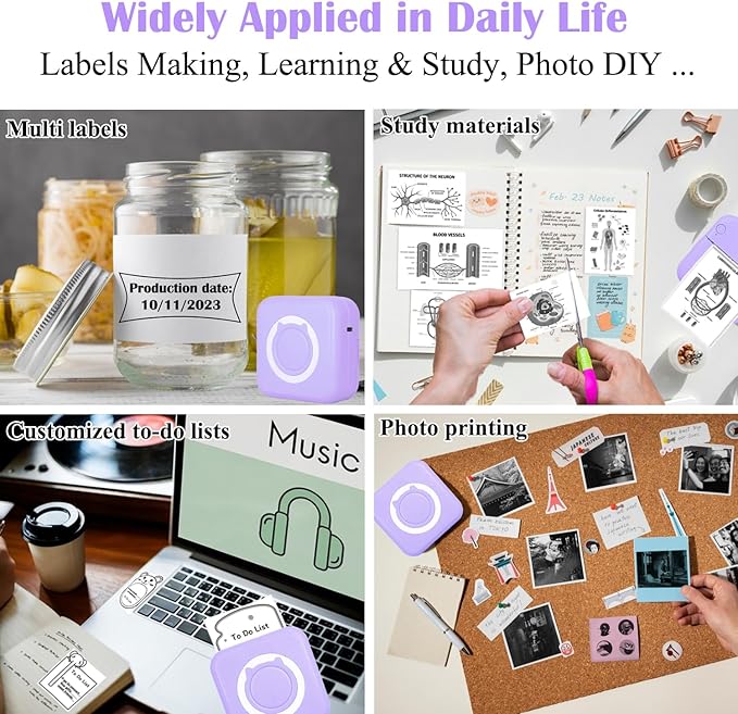 Mini Thermal Inkless Sticker Printer with 14 Rolls Paper, Compatible with iPhone/Android Phone/Tablet, Mini Pocket Printer for Photos/Stickers/Labels/Notes, Purple