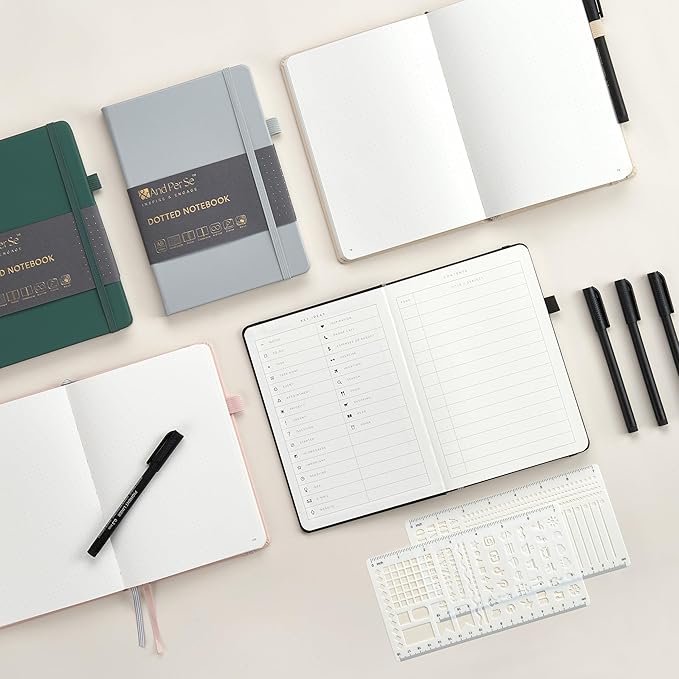 &And Per Se Bullet Dotted Journal Notebook, A5 Leather Hardcover, 176 Numbered Pages 100GSM Thick Dotted Paper, 2 Sheets of Stencils Included - 5.7'' x 8'' (Dark Blue)