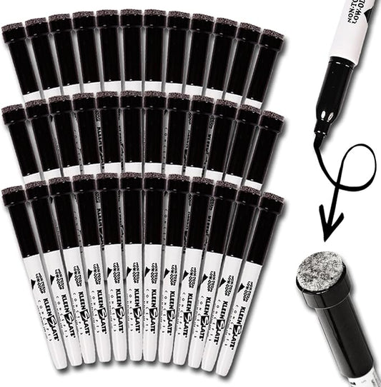 KleenSlate (36) Black Low Odor, Non-Toxic Dry Erase Markers with Eraser Cap, Bullet Point