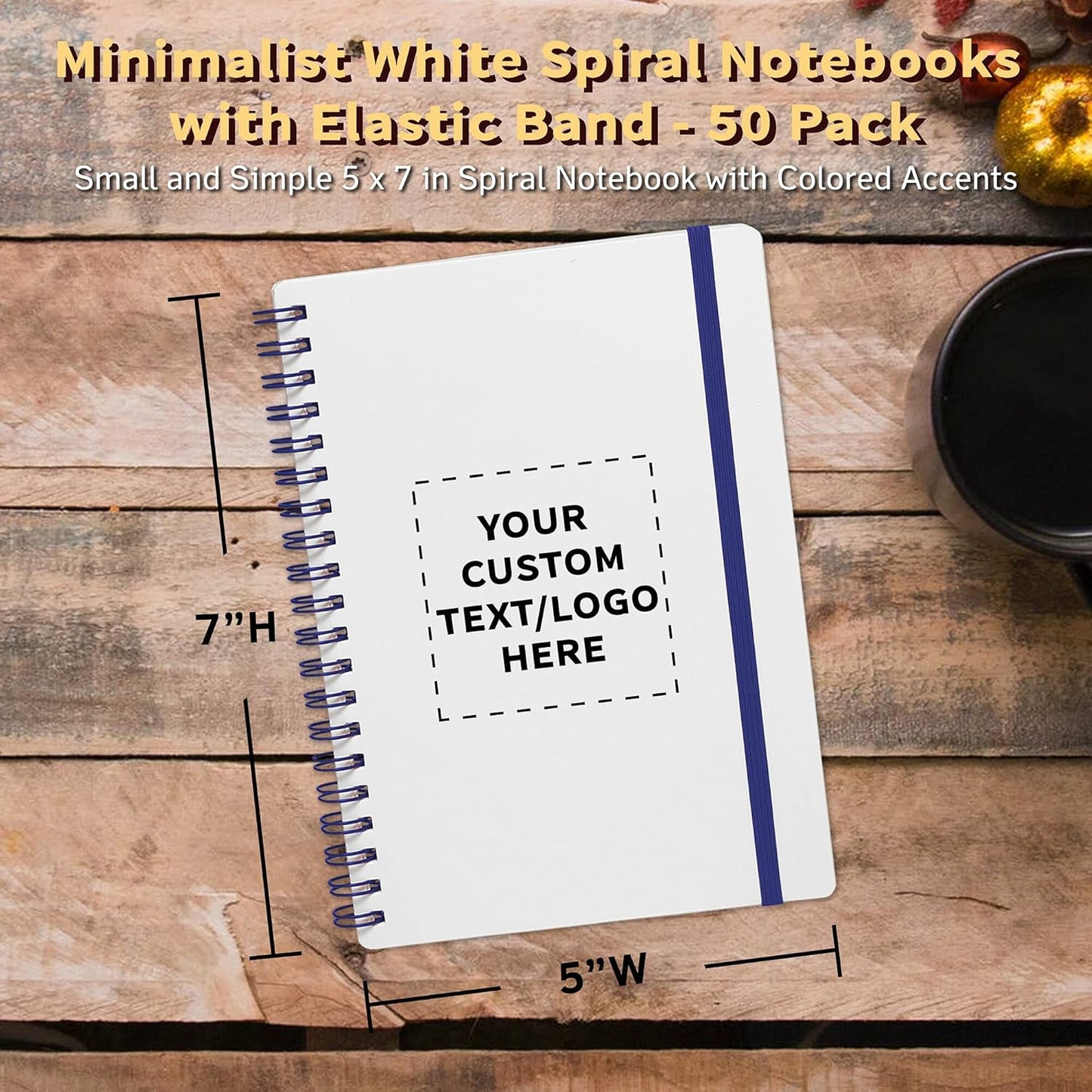 50 White Spiral Notebooks with Elastic Band Pack - Customizable Text, Logo - 80 lined pages, Recycled - Blue