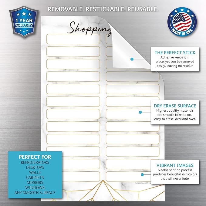 Dry Erase Shopping List Vinyl Sticker Decal Whiteboard by Glassboard Studio | Removable & Reusable | Magnetic Fine-Tip Marker Included (6 x 9 inches, Marble)