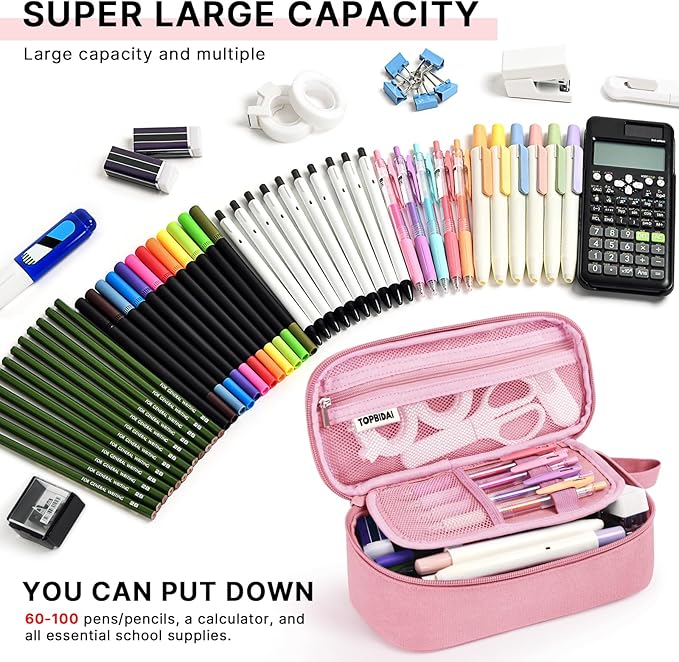 Large Pencil Case Pouch for Girls Women Kids Adults, Big Capacity Canvas Pencil Bag, Office College School Multi Compartment Zipper Stationery Pen Bag (Pink)