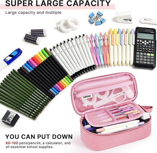 Large Pencil Case Pouch for Girls Women Kids Adults, Big Capacity Canvas Pencil Bag, Office College School Multi Compartment Zipper Stationery Pen Bag (Pink)