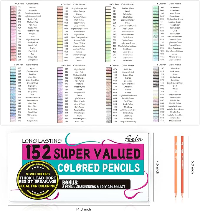 feela 152 Colored Pencils with Pencil Sharpener Premium Soft Core Colors Pencils Set for Adult Coloring Books
