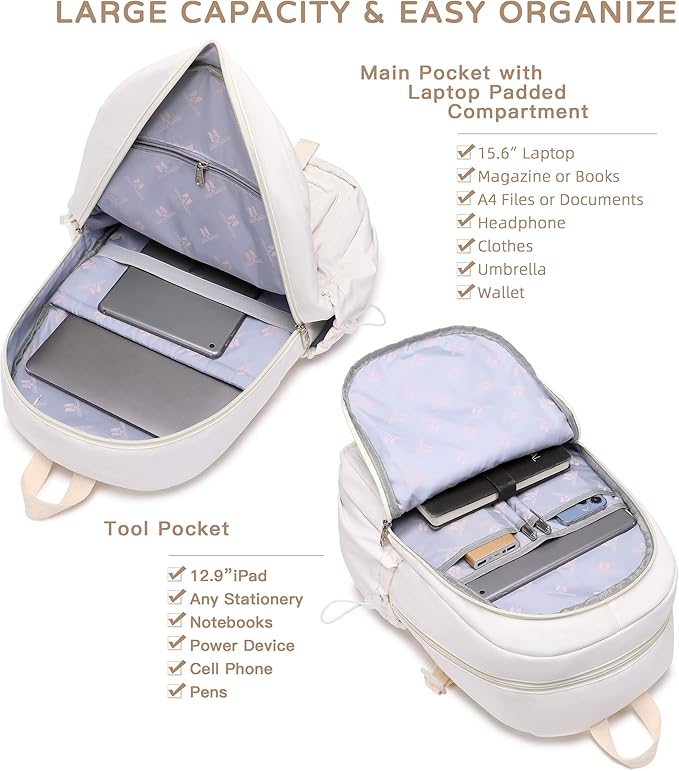 LXYGD Laptop Backpack 15.6 Inch Kids Elementary Middle High School Bag College Backpacks Anti Theft Travel Back Pack Large Bookbags for Teens Girls Women Students (Off-white)