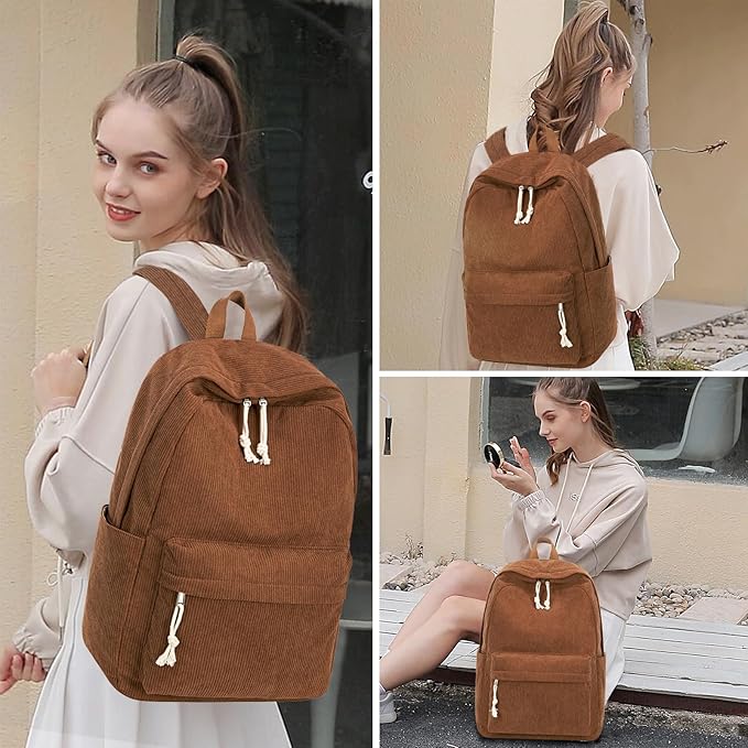 School Backpack for Teens Large Corduroy Bookbag Lightweight 15.6 inch Laptop Bag for Girls Women Casual High School College