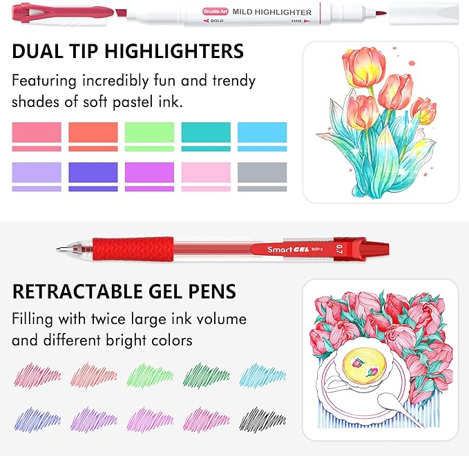 Shuttle Art 20 Pack Journaling Kit,10 Colors Dual Tip Highlighters and 10 Colors Retractable Gel Ink Pens,Perfect for Kids and Adults Coloring,Underlining, Highlighting, Writing in Office Home&School