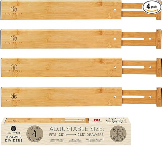 Night Tree Expandable Bamboo Drawer Dividers – Spring-Loaded Wooden Organizers for Clothes, Kitchen Utensils, Bathroom, and Dresser Drawers (18" to 20")