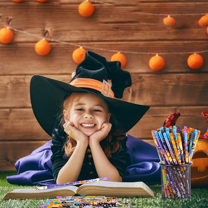 Kolewo4ever 100 Pieces Halloween Pencils Ghost Pumpkin Wood Pencils with Eraser Tops,Assortment Halloween Stationery Pencil for Halloween Party Favors,12 Styles