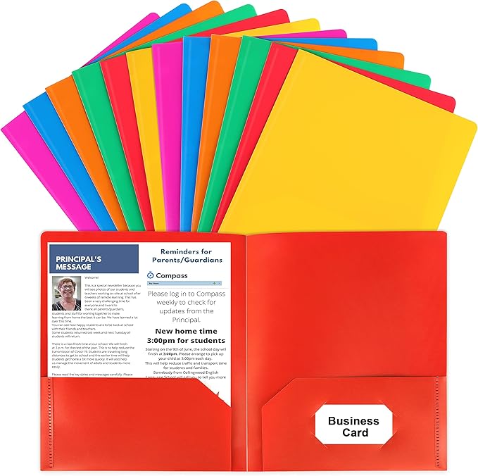 HABGP Plastic Folders with Pockets, 12 Color Heavy Duty Two Pocket Folder Business Card Holder for Office High School