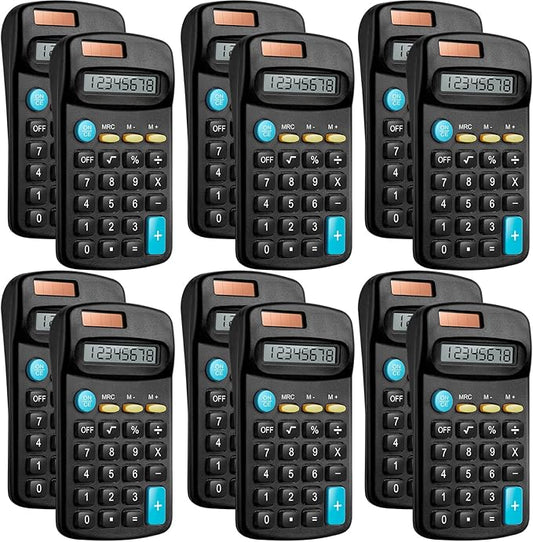 12 Packs Pocket Size Mini Black Calculator Basic Calculators for Handheld Angled Students 8 Digit Display Solar Battery Dual Power Small Calculator for Students Kids Home Office