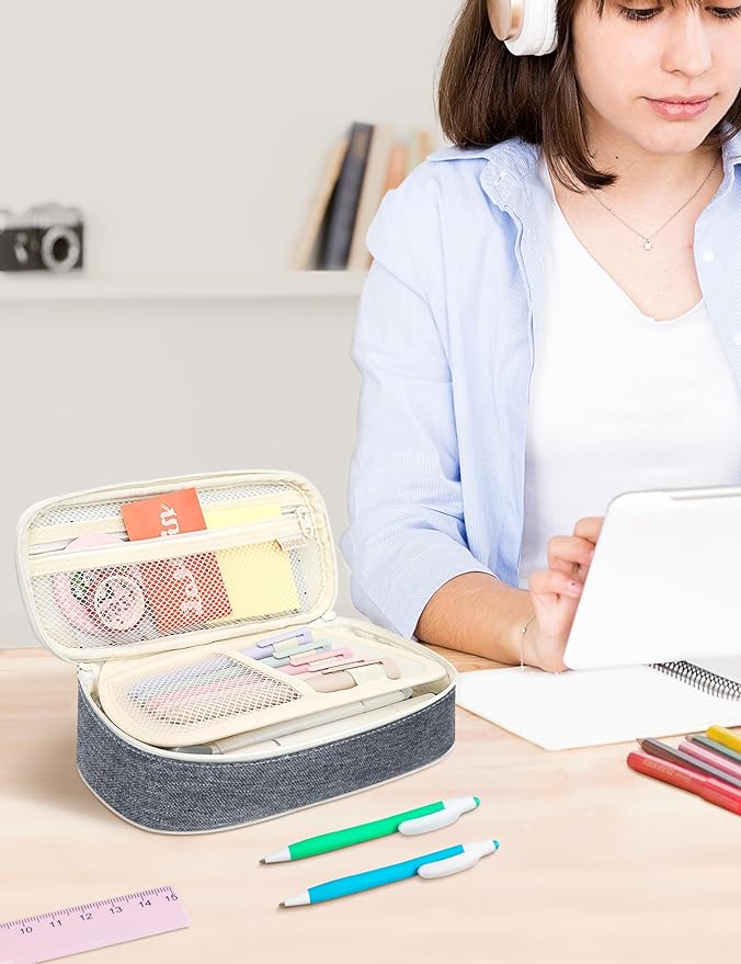 SUNEE Cute Pencil Case, Aesthetic Pen Pouch, Colored Large Pencil Bag with Zipper, Kawaii Stationery Storage and Organizer, School Supplies for Teen and Adult Girls, Gray