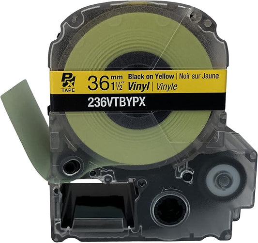 Epson LABELWORKS 236VTBYPX Genuine Tape Cartridge - Black on Yellow Flexible and Durable Vinyl Industrial Label Maker Tape - 1.5" (36MM) Wide, 22.9 ft