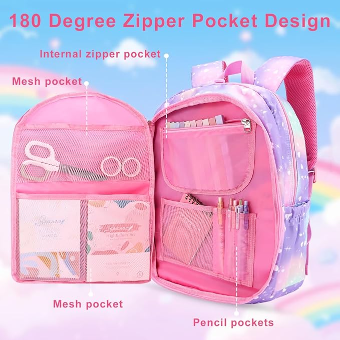 Girls Backpack Set 3 IN 1,Cute Rainbow Kids Backpack with Insulated Lunch Box Pen Case Set Student School Bag (Purple-3 piece set)
